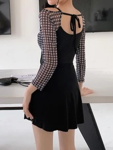 Houndstooth Print Cold Shoulder Ruched Bustier One Piece Swimsuit - Black - View 3