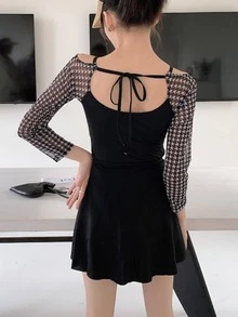 Houndstooth Print Cold Shoulder Ruched Bustier One Piece Swimsuit - Black - View 4