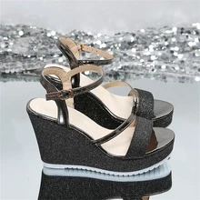 魅力四射黑色涼鞋適用於女士金屬亮絲踝帶坡跟涼鞋 - 黑色 - 查看 8