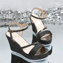 魅力四射黑色涼鞋適用於女士金屬亮絲踝帶坡跟涼鞋 - 黑色 - 查看 7