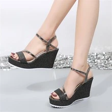 魅力四射黑色涼鞋適用於女士金屬亮絲踝帶坡跟涼鞋 - 黑色 - 查看 3