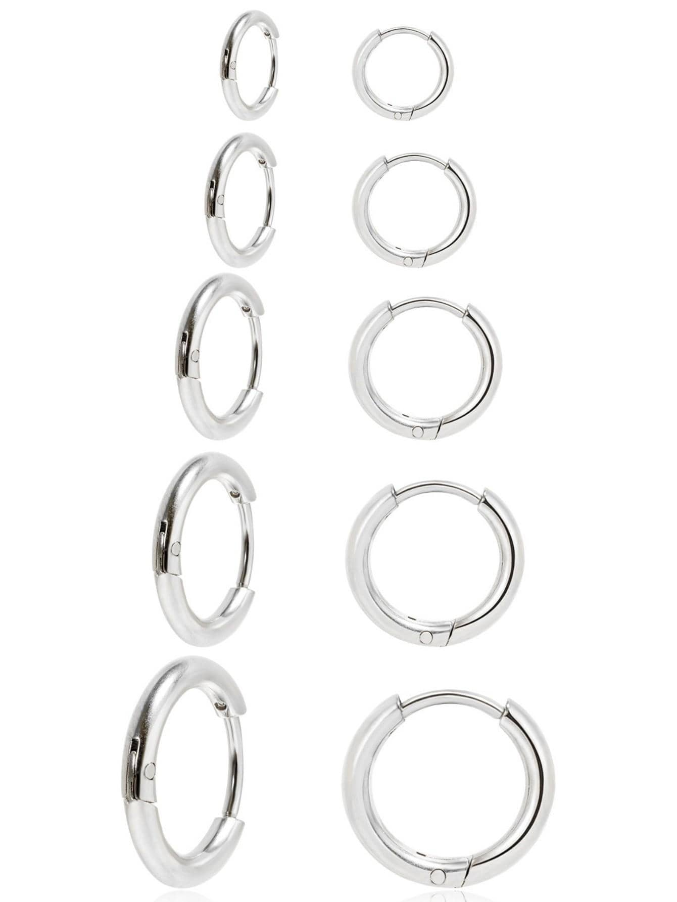 5對/套時尚不銹鋼極簡圓耳環適合女士日常裝飾 - 銀色 - 查看 1