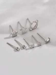 8pcs/set Rhinestone Decor Stud Earrings - Silver - View 4