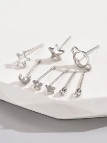 8pcs/set Rhinestone Decor Stud Earrings - Silver - View 3