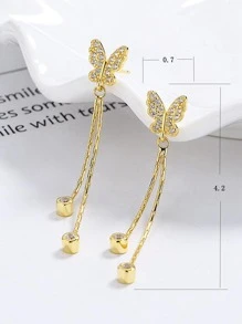 1對精美蝴蝶裝飾立體切割鋯石流蘇銀耳環，適用於日常裝飾和假日穿搭女士飾品 - 金色 - 查看 3