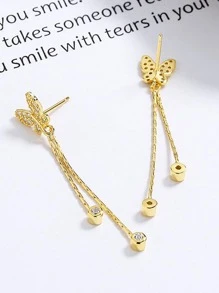 1對精美蝴蝶裝飾立體切割鋯石流蘇銀耳環，適用於日常裝飾和假日穿搭女士飾品 - 金色 - 查看 2