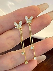 1對精美蝴蝶裝飾立體切割鋯石流蘇銀耳環，適用於日常裝飾和假日穿搭女士飾品 - 金色 - 查看 4