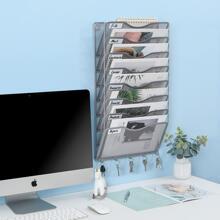 Office File Organizer Wall Mount File Holder 8 Pocket Vertical Hanging File Folders Holder Paper Rack with Key Hooks - Silver - View 5