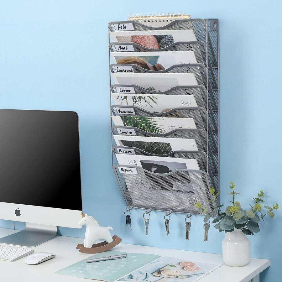 Office File Organizer Wall Mount File Holder 8 Pocket Vertical Hanging File Folders Holder Paper Rack with Key Hooks - Silver - View 1