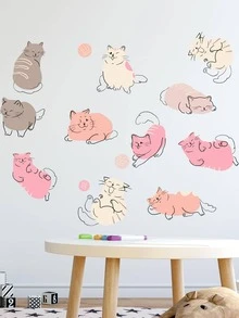 1 pieza con patrón de gato de dibujos animados muro con dibujos animados línea con estampado de animal Calcomanía de pared para casa Decoración - Multicolor - Ver 3