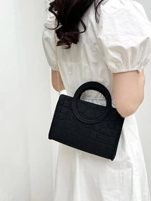 鱷魚壓紋鏈條方包小優雅 - 黑色 - 查看 4