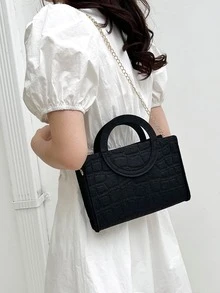 鱷魚壓紋鏈條方包小優雅 - 黑色 - 查看 3