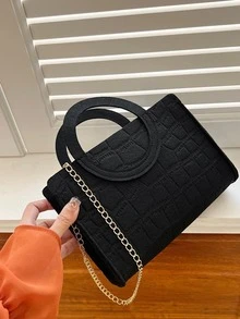 鱷魚壓紋鏈條方包小優雅 - 黑色 - 查看 5