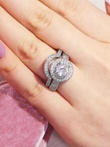 2 Pcs/Set Charm Cubic Zirconia Ring Set For Women For Wedding Engagement Anniversary Party Jewelry Valentine'S Day Gift - Silver - View 6