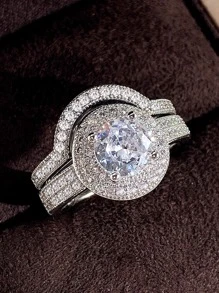 2 Pcs/Set Charm Cubic Zirconia Ring Set For Women For Wedding Engagement Anniversary Party Jewelry Valentine'S Day Gift - Silver - View 2