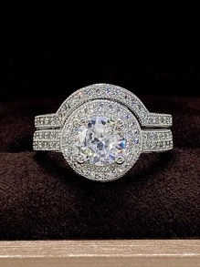 2 Pcs/Set Charm Cubic Zirconia Ring Set For Women For Wedding Engagement Anniversary Party Jewelry Valentine'S Day Gift - Silver - View 5