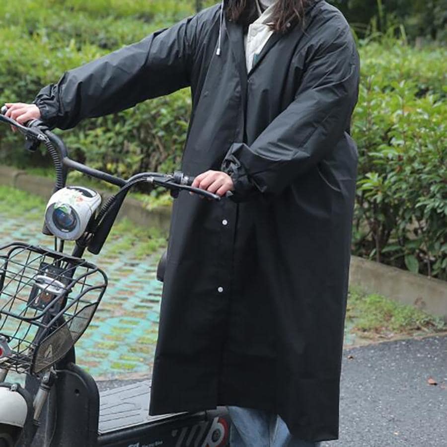1pc Plain Drawstring Hooded Raincoat - Black - View 1
