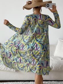 滿版印花抽繩比基尼泳裝附和服 - 綠色 - 查看 2