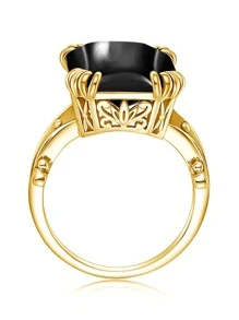 方晶鋯石裝飾銀圓環 - 黑色 - 查看 3