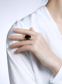 方晶鋯石裝飾銀圓環 - 黑色 - 查看 4