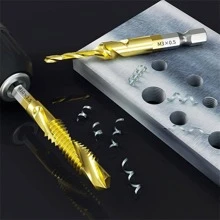 6入組m3-m10螺紋攻牙鑽頭,hss攻牙器,計數器槽去毛刺公制高速鋼,1/4英寸快換六角工具,適用於木工。6入組鈦鑽頭和攻牙釋放組合,公制螺紋m3 M4 M5 M6 M8 M10攻牙工具,適用於螺紋攻牙,鑽孔,計數器鑽孔