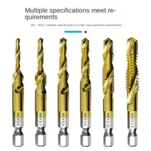 6入組m3-m10螺紋攻牙鑽頭,hss攻牙器,計數器槽去毛刺公制高速鋼,1/4英寸快換六角工具,適用於木工。6入組鈦鑽頭和攻牙釋放組合,公制螺紋m3 M4 M5 M6 M8 M10攻牙工具,適用於螺紋攻牙,鑽孔,計數器鑽孔