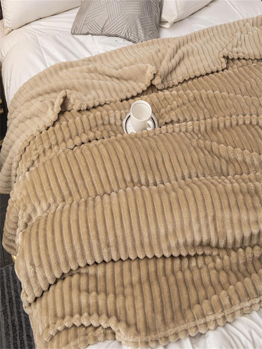 1 chiếc chăn lông cừu sọc rộng, thiết kế cắt lông giả, lông cừu sữa, chăn vải nỉ cho giấc ngủ trưa ở văn phòng, giải trí, ghế sofa, thích hợp cho lễ Halloween, chăn lông giả - Màu Khaki - Xem 1