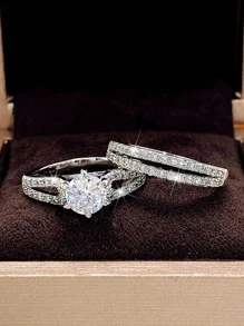 2入組方晶鋯石裝飾戒指 - 銀色 - 查看 2