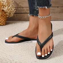 女士編織設計人字拖，時尚夏季人字拖 - 黑色 - 查看 5