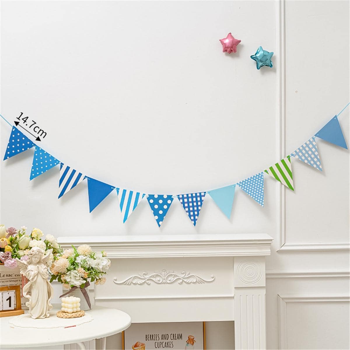 紙繩橫幅旗幟條紋點三角形旗幟旗幟三角旗彩旗飄帶秋季裝飾 - 藍色 - 查看 1