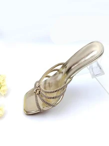 女士水鑽裝飾透明高跟穆勒魅力四射夏天高跟涼鞋 - 金色 - 查看 4