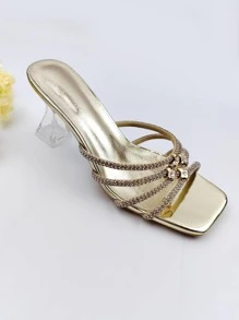 女士水鑽裝飾透明高跟穆勒魅力四射夏天高跟涼鞋 - 金色 - 查看 2