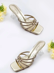 女士水鑽裝飾透明高跟穆勒魅力四射夏天高跟涼鞋 - 金色 - 查看 1