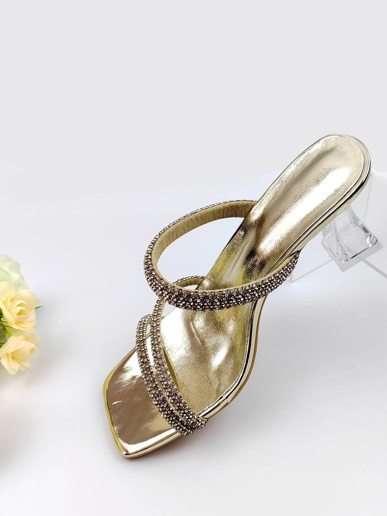 Women Rhinestone Decor Clear Pyramid Heeled Mule Sandals, Glamorous Summer Heeled Sandals - Gold - View 1