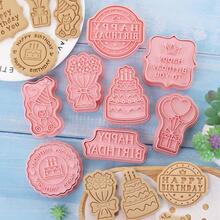 8pcs/set Happy Birthday Cookie Mold 3D Press Plastic Cookie Mold Frost Flip Sugar Cake Baking - Apricot - View 5