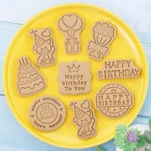 8pcs/set Happy Birthday Cookie Mold 3D Press Plastic Cookie Mold Frost Flip Sugar Cake Baking - Apricot - View 4