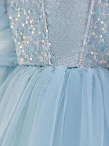 Young Girl Sparkly Bow Mesh Ruffle Sleeve Light Blue Princess Dress, Elegant Tulle Gown, Suitable For Girls Birthday Gift, Party, Wedding, Flower Girl, Holiday Celebration Dress Valentine's Day Thanksgiving Dress - 淺藍色 - 查看 10