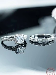 2pcs/Set Cubic Zirconia Decor Sterling Silver Ring Wedding Engagement Bridal Jewelry - Silver - View 4