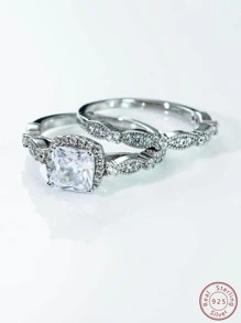 2pcs/Set Cubic Zirconia Decor Sterling Silver Ring Wedding Engagement Bridal Jewelry - Silver - View 1