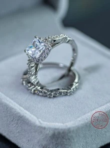 2pcs/Set Cubic Zirconia Decor Sterling Silver Ring Wedding Engagement Bridal Jewelry - Silver - View 2