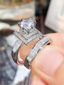 2 件/套时尚方晶锆石戒指套装，适合女士婚礼情人节派对礼物、妈妈、母亲、母亲节、礼物 - 銀色 - 查看 3