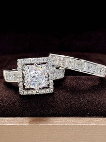 2 件/套时尚方晶锆石戒指套装，适合女士婚礼情人节派对礼物、妈妈、母亲、母亲节、礼物 - 銀色 - 查看 5