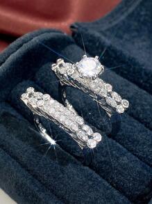 2 Cái/bộ Thời Trang Đính Đá Cubic Zirconia Bộ Nhẫn Nữ Cưới Lễ Tình Nhân Làm Quà - Bạc - Xem 6