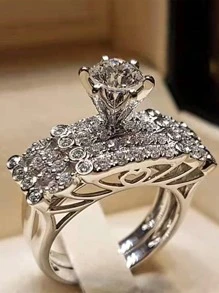 2 Cái/bộ Thời Trang Đính Đá Cubic Zirconia Bộ Nhẫn Nữ Cưới Lễ Tình Nhân Làm Quà - Bạc - Xem 2