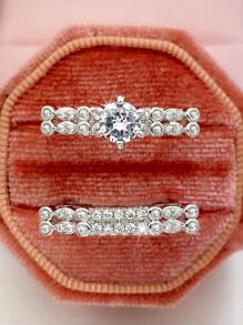 2 Cái/bộ Thời Trang Đính Đá Cubic Zirconia Bộ Nhẫn Nữ Cưới Lễ Tình Nhân Làm Quà - Bạc - Xem 7