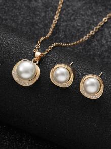 3入組/套銅鋯石鑲嵌時尚耳環和項鍊，帶珍珠吊墜，適合新娘，波西米亞風格 - 金黃色 - 查看 1