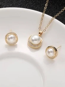 3入組/套銅鋯石鑲嵌時尚耳環和項鍊，帶珍珠吊墜，適合新娘，波西米亞風格 - 金黃色 - 查看 4