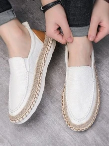 男士字母圖案一腳蹬度假亚麻編織樂福鞋 - 米色 - 查看 4