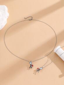 2入組情侶Love可愛卡通人像不銹鋼鏈飾項鍊適合情人節禮品 - 彩色 - 查看 3