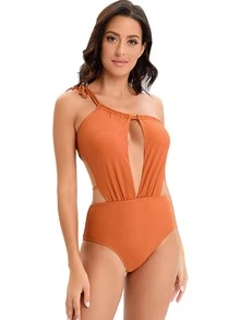 Cut Out One Shoulder One Piece Swimsuit - Brown - View 4